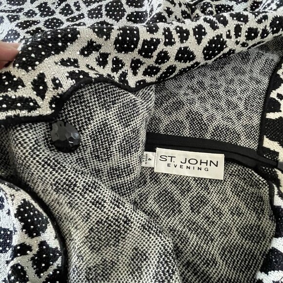 ST JOHN Evening Santana Knit Cocktail Dress Metallic Shimmer Studs Black White 4 - Picture 12 of 16